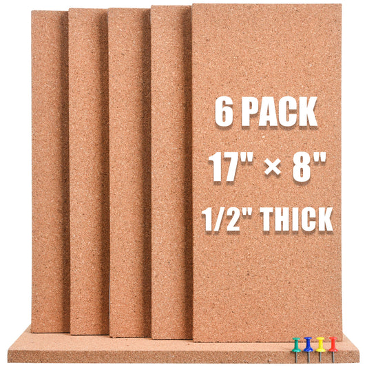 SUNGIFT 17 x 8 Inch Cork Bulletin Board 6 Pack, 1/2" Thick for Office/Home