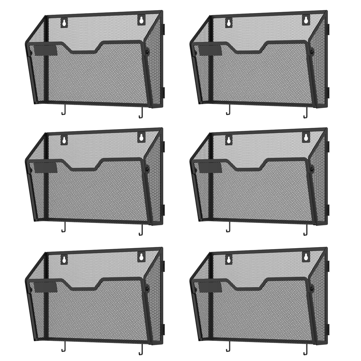 Docnest 6 Pack Mesh Wall File Holders with Hooks for Mail, Black