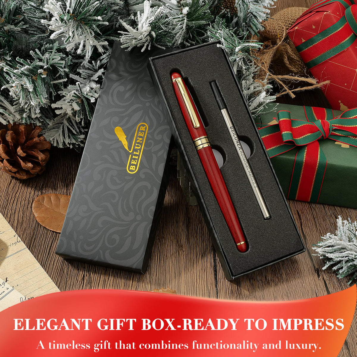 BEILUNER Personalized Wood Rollerball Pen Set,Rosewood with Gold Finish