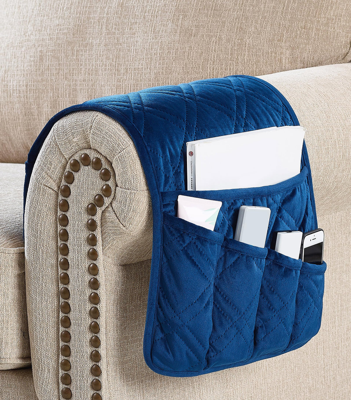 Brilliant Sunshine Dark Blue Velvet Couch Armrest Cover, 35"×13"