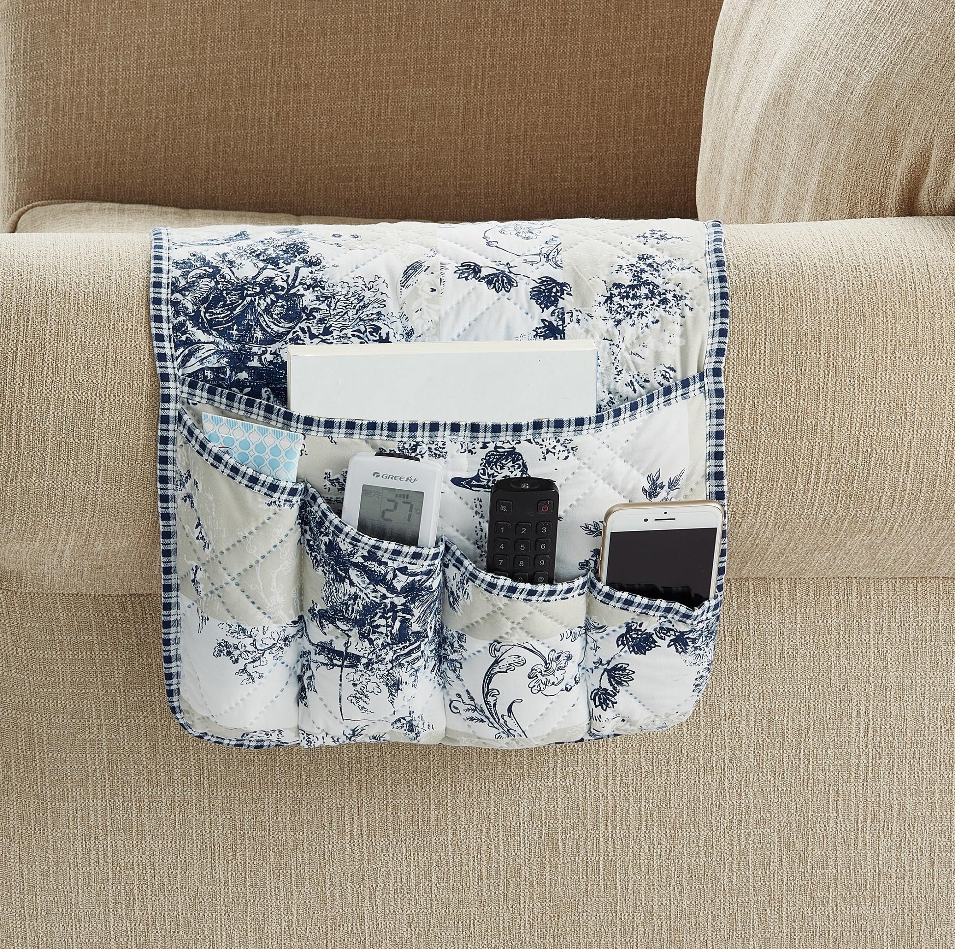 Brilliant Sunshine Blue & Beige Toile Couch Armrest Cover, 35"×13"