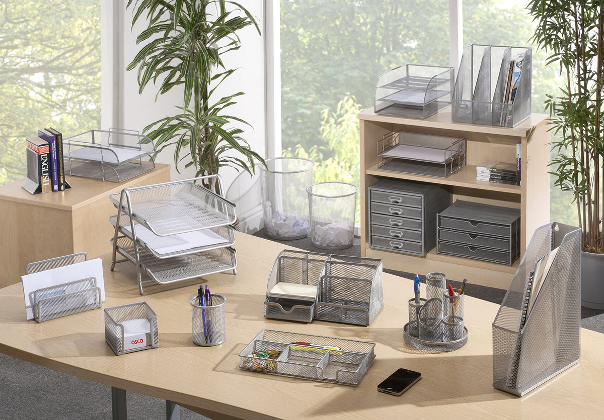 Osco Mesh Letter Tray 3-Tier Scratch-Resistant Stackable Front-Load Portrait Foolscap Silver Ref